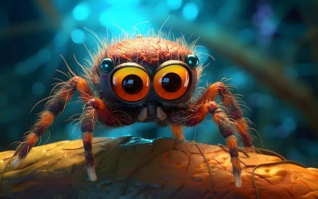 Auf blauem Hintergrund ist eine Spinne mit großen Augen zu sehen.
