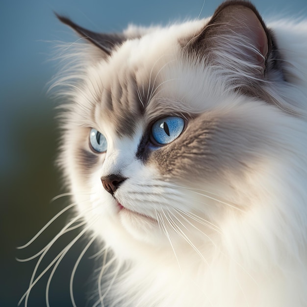 Auf blauem Hintergrund sitzt eine Ragdoll-Katze mit blauen Augen.