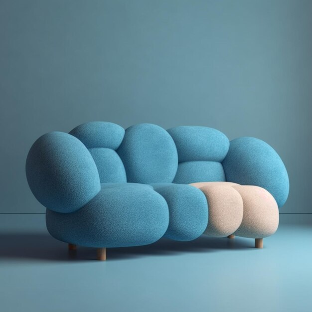 Auf blauem Hintergrund steht eine blaue Couch mit einem rosa Kissen in der Mitte.