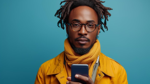 Auf blauem Studio-Hintergrund hält ein hübscher junger Afro-Mann ein Handy und steht in der Nähe eines großen Smartphones mit einem leeren Bildschirm.