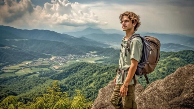 Auf dem Berg erzeugt ein junger Tourist KI