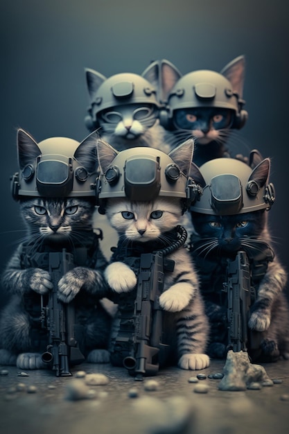 Auf dem Bild sind viele Katzen zu sehen, die Helme mit generativer KI tragen