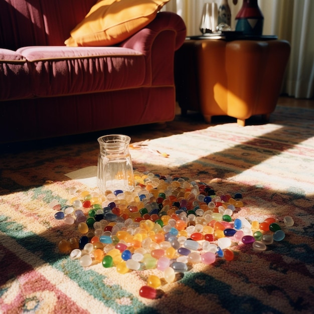 Auf dem Boden steht ein Glas mit farbigen Steinen. Generative KI