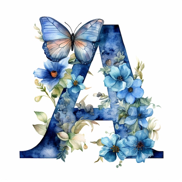 Auf dem Buchstaben a ist eine blaue Blume und ein Schmetterling gemalt