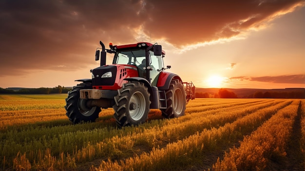 auf dem Feld bei der Ernte mit dem Traktor Der Bauer versucht, die Sonnenuntergangsarbeiten mit seinem Traktor zu beenden