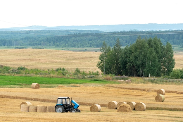 Auf dem Feld steht ein Traktor neben einem Heuballen Heu- oder Strohballen sind über das Feld verstreut Müde Bauern ruhen sich nach harter Arbeit aus