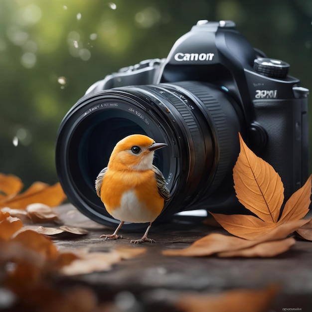 Auf dem Foto sitzt ein Vogel auf einer Kamera mit einem Blatt-Generator