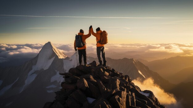 Auf dem Gipfel tauschen ein Paar Bergsteiger ein triumphierendes Highfive aus