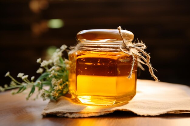 Auf dem Holztisch steht ein Glasgefäß, das mit dem süßen goldenen Honig der Natur gefüllt ist