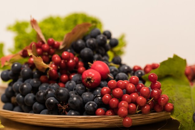 Auf dem Küchentisch steht ein großer Teller mit Herbstfrüchten und Beeren