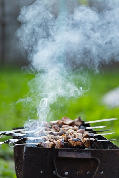 Auf dem Mangal wird Fleisch am Spieß gebraten. Grillen Sie Fleisch am Spieß in Rauch. Gegrillte Kebab-Küche in einem Landhaus. Platz kopieren