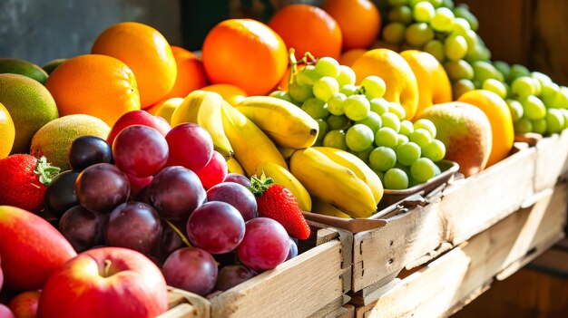 Auf dem Markt sind verschiedene Schachteln mit Früchten zu sehen