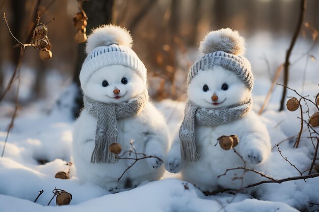 Foto auf dem schnee ist ein glücklicher lustiger spielzeug schneemann der schneemann trägt einen pelzhut und einen schal das konzept des