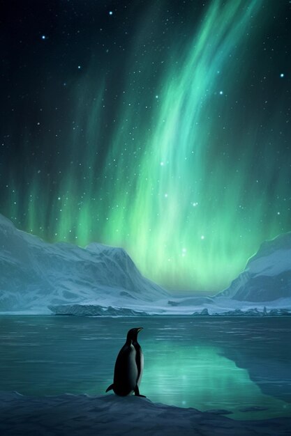 Auf dem Schnee sitzt ein Pinguin mit den Aurora-Lichtern im Hintergrund, generative KI