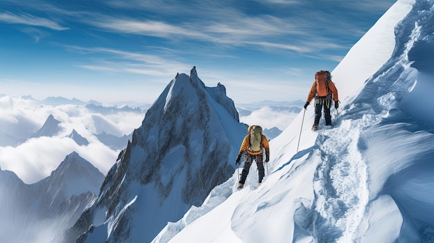 Auf dem schwierigen Aufstieg in der schneebedeckten alpinen Landschaft navigieren Bergsteiger