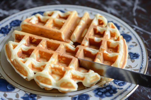 Auf dem Teller Waffeln in Viertel schneiden