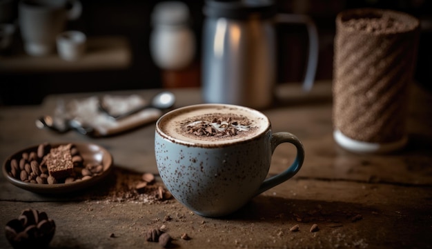 Auf dem Tisch daneben eine Tasse Kaffee mit Schokoladensplittern