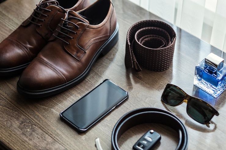 Foto auf dem tisch liegen verschiedene herrenaccessoires wie schuhe, gürtel, krawatte, brille, autoschlüssel und telefon