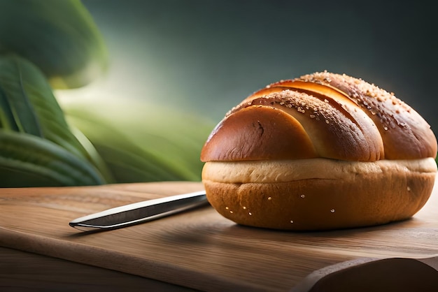 Auf dem Tisch liegt braunes, luftiges Brot mit etwas Sesam und Mehl darauf