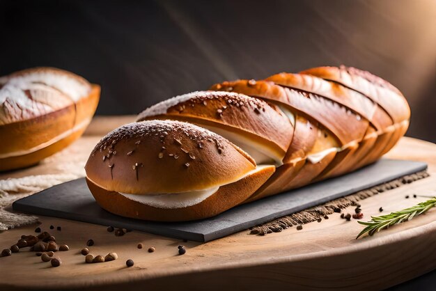 Auf dem Tisch liegt braunes, luftiges Brot mit etwas Sesam und Mehl darauf