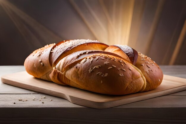 Auf dem Tisch liegt braunes, luftiges Brot mit etwas Sesam und Mehl darauf