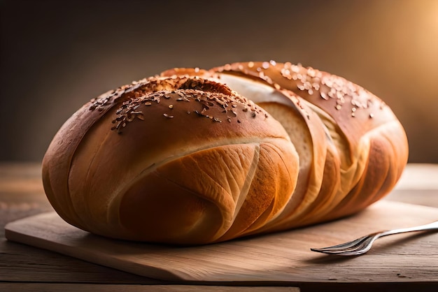 Auf dem Tisch liegt braunes, luftiges Brot mit etwas Sesam und Mehl darauf