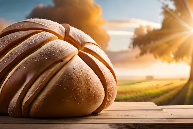 Auf dem Tisch liegt braunes, luftiges Brot mit etwas Sesam und Mehl darauf