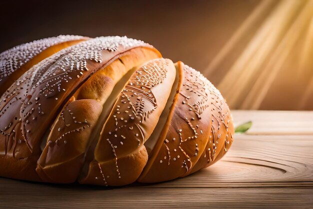 Auf dem Tisch liegt braunes, luftiges Brot mit etwas Sesam und Mehl darauf