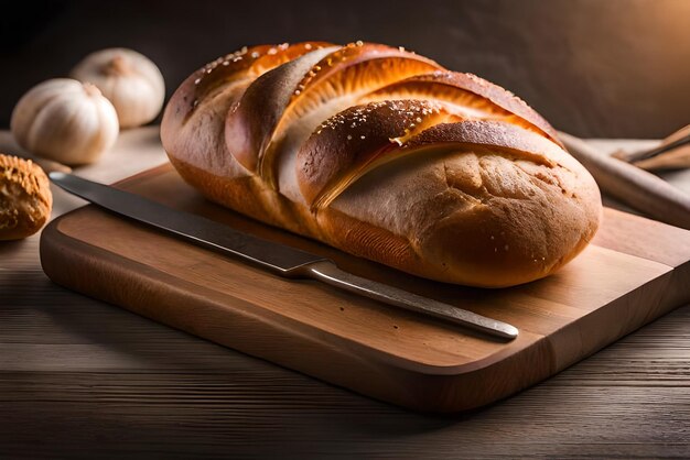 Auf dem Tisch liegt braunes, luftiges Brot mit etwas Sesam und Mehl darauf