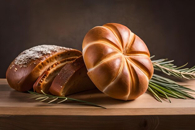 Foto auf dem tisch liegt braunes, luftiges brot mit etwas sesam und mehl darauf