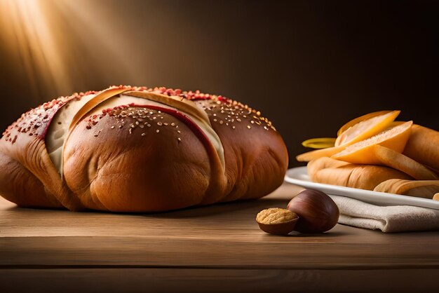 Auf dem Tisch liegt braunes, luftiges Brot mit etwas Sesam und Mehl darauf