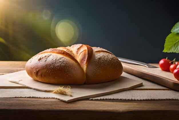 Auf dem Tisch liegt braunes, luftiges Brot mit etwas Sesam und Mehl darauf