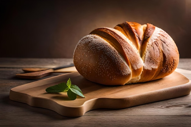 Auf dem Tisch liegt braunes, luftiges Brot mit etwas Sesam und Mehl darauf