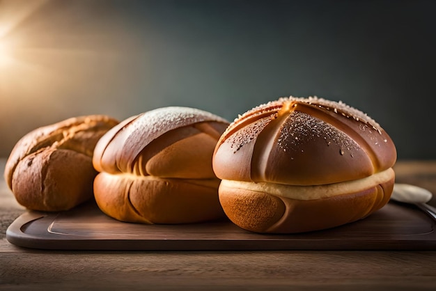 Auf dem Tisch liegt braunes, luftiges Brot mit etwas Sesam und Mehl darauf