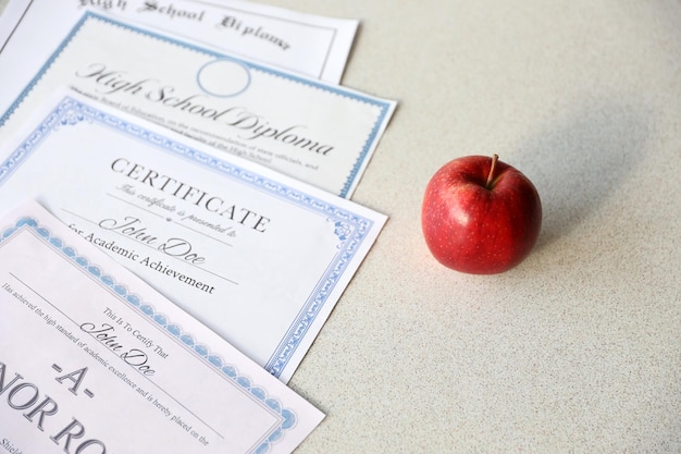 Foto auf dem tisch mit roten apfel-bildungsdokumenten liegt eine anerkennungsurkunde für leistungen und ein abitur