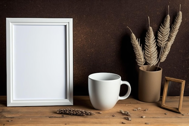 Auf dem Tisch stand ein Bilderrahmen mit einer Tasse und einem Ährchen