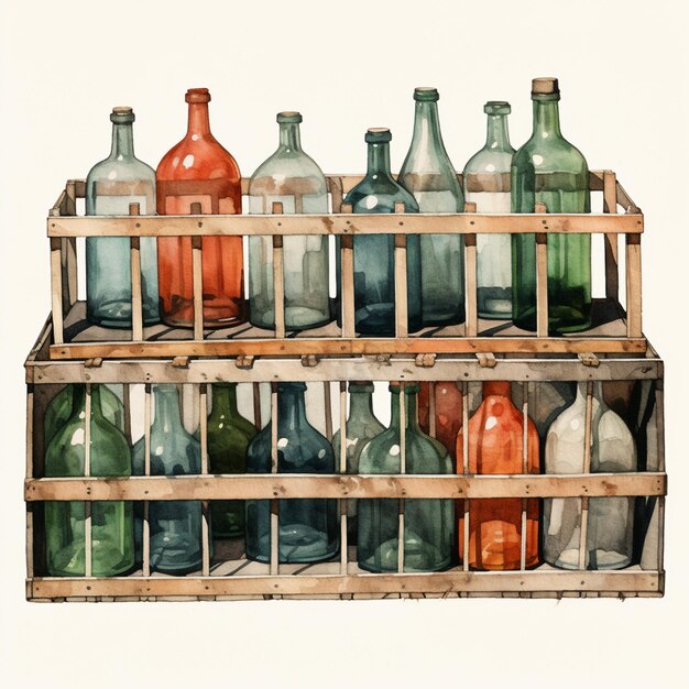 Foto auf dem tisch stehen viele flaschen in einer holzkiste. generative ki