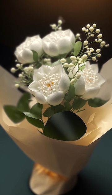 Auf dem Tisch steht ein Strauß weißer Blumen in einer Vase