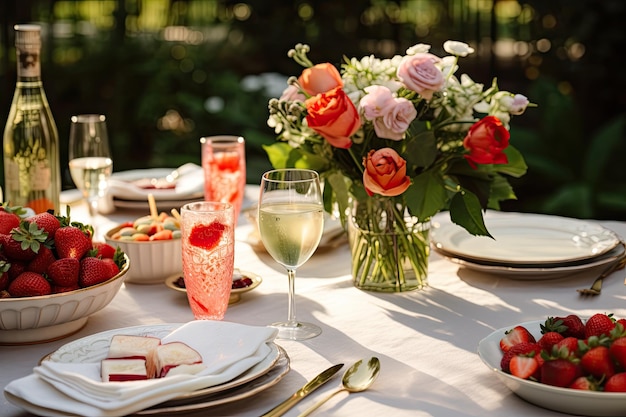 Auf dem Tisch steht eine köstliche Mahlzeit, gepaart mit saftigen Erdbeeren und eleganten Champagnergläsern