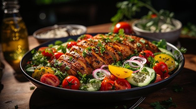 Auf dem Tisch steht eine Schüssel Salat mit Hühnchen und Gemüse