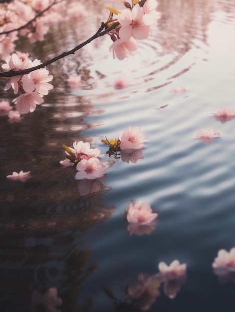 Auf dem Wasser im Teich schwimmen rosafarbene Blumen