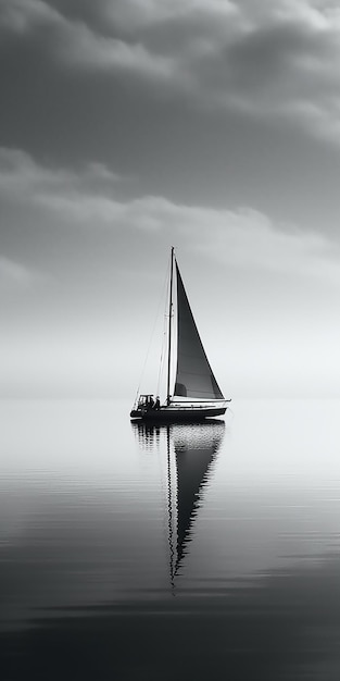 Auf dem Wasser schwimmt ein Segelboot mit der Aufschrift „Meer“ an der Seite.