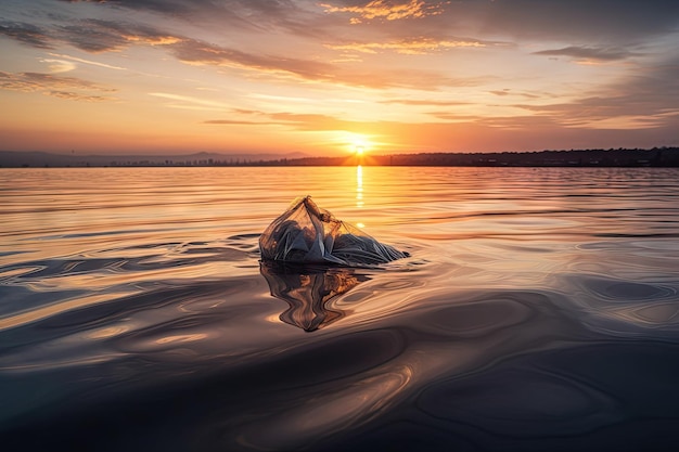 Auf dem Wasser treibende Plastiktüte mit Sonnenuntergang im Hintergrund, erstellt mit generativer KI