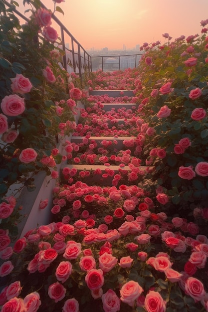 Auf den Stufen wachsen viele rosa Rosen