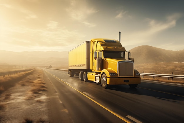 Auf der Asphaltstraße der Autobahn Gütertransport bei Sonnenaufgang ein Sattelschlepper mit angeschlossenem Anhängercontainer