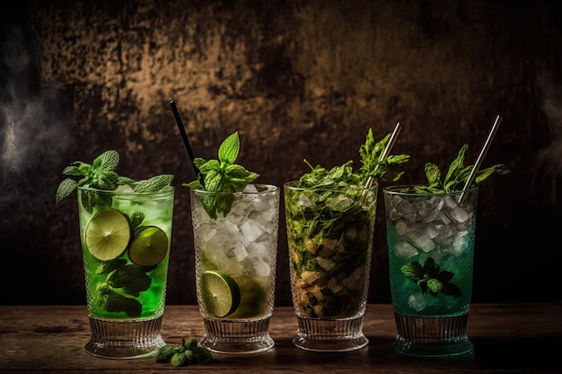 Auf der Bartheke stehen vier Mojitos