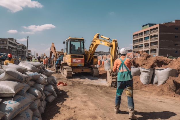 Auf der Baustelle wimmelt es von Arbeitern und Materialien, die IA generieren