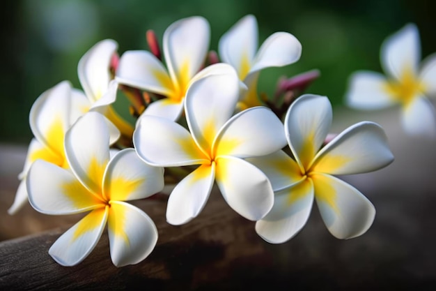 Auf der Blüte steht das Wort Frangipani