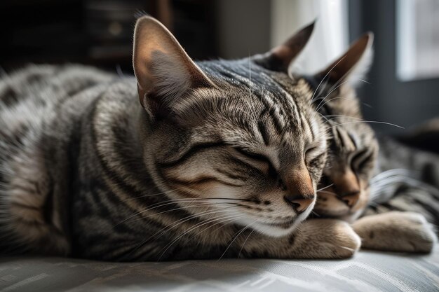 Auf der Couch im Zimmer schlummern zwei Katzen dicht beieinander