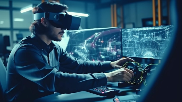 Auf der Fahrgestellplattform eines Elektroautos arbeitet ein Automobilingenieur. Erstellen Sie das System mithilfe von 3D-VFX-Software und einem Virtual-Reality-Headset, der generativen KI